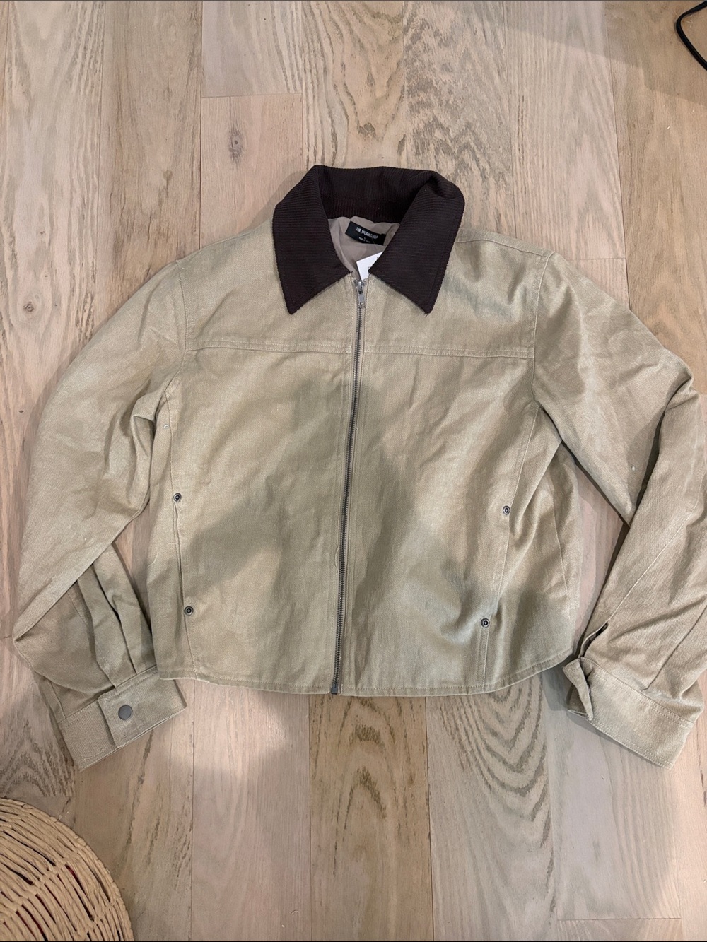 The Workshop khaki Cropped Bomber Jacket with Dark Brown Collar